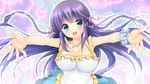  1girl blue_eyes blush braid breasts cleavage game_cg happy highres huge_breasts long_hair looking_at_viewer necklace oono_tetsuya open_mouth prism_princess_~futari_no_himekishi_to_kokan_no_monshou~ purple_hair simple_background smile solo 
