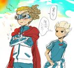  black_eyes blonde_hair blush cape clothes_around_waist crossed_arms goggles gouenji_shuuya inazuma_eleven inazuma_eleven_(series) inazuma_japan jacket jacket_around_waist kairi_(kai_ri) kidou_yuuto male_focus multiple_boys sketch sweat track_jacket translation_request 