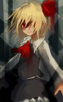 ascot blonde_hair closed_mouth commentary_request cowboy_shot hair_ornament hair_ribbon highres long_sleeves looking_at_viewer maho_moco red_eyes ribbon rumia shirt short_hair skirt skirt_set smile solo touhou vest 