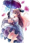  bad_id bad_pixiv_id black_gloves bow brown_hair flower gloves hair_bow hair_ribbon holding iijima_masashi long_hair looking_at_viewer looking_to_the_side original parasol purple_eyes ribbon solo standing standing_on_one_leg umbrella 