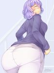  absurdres alternate_costume ass blush closed_eyes dated from_behind hair_ornament highres kokka_han letty_whiterock long_sleeves pants purple_hair short_hair smile solo sweater touhou 