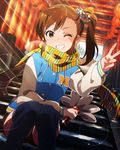  artist_request brown_eyes brown_hair fan futami_mami grin hair_ornament idolmaster idolmaster_(classic) idolmaster_million_live! lantern looking_at_viewer multiple_torii official_art one_eye_closed paper_lantern scarf side_ponytail smile solo thighhighs torii v 