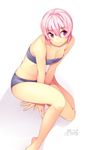  :&gt; absurdres bandeau barefoot bikini breasts cleavage dated feet_out_of_frame highres kokka_han original pink_hair purple_bikini purple_eyes short_hair signature simple_background smile solo swimsuit v_arms white_background 
