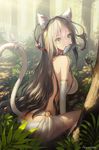  animal_ears ass bare_back blonde_hair breasts cat_ears cat_tail elbow_gloves fish forest gloves green_eyes large_breasts leaf long_hair looking_at_viewer looking_back mouth_hold nature original ritsuki sideboob sitting solo tail thighs tree 