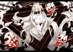  breasts cleavage covered_mouth dress escort_fortress_(kantai_collection) esg_(essagna) highres horns kantai_collection large_breasts letterboxed long_hair looking_at_viewer machinery midway_hime pale_skin red_eyes shinkaisei-kan very_long_hair white_dress white_hair white_skin 
