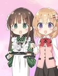  :d ama_usa_an_uniform apron brown_hair empty_eyes gochuumon_wa_usagi_desu_ka? green_eyes hair_ornament hairclip hoto_cocoa japanese_clothes kimono long_hair multiple_girls open_mouth peko purple_eyes rabbit_house_uniform short_hair smile ujimatsu_chiya waitress 