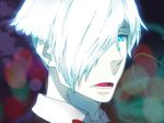  :o bangs blue_eyes blurry cheru_(ryu6901rei) commentary_request death_parade decim_(death_parade) depth_of_field from_side hair_over_one_eye looking_at_viewer male_focus open_mouth pale_skin portrait solo white_hair 