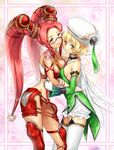  .hack// .hack//g.u. 2girls atoli blonde_hair breast_press breasts cleavage female glasses hat looking_at_viewer maccyman multiple_girls pi pink_hair sideboob smile standing symmetrical_docking thighhighs twintails 