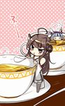  ahoge blowing blue_hair brown_eyes brown_hair chibi closed_eyes cup detached_sleeves double_bun hair_ornament hair_ribbon i-19_(kantai_collection) kantai_collection kongou_(kantai_collection) long_hair multiple_girls nontraditional_miko o3o partially_submerged ribbon teacup teramoto_kaoru twintails 