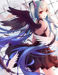  blue_hair bokujuu dress feathers gradient_hair green_hair hatsune_miku highres long_hair multicolored_hair open_mouth red_eyes solo twintails very_long_hair vocaloid wings 