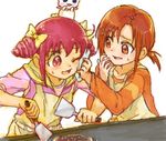  2girls brown_eyes brown_hair cooking hino_akane hino_akane_(smile_precure!) hoshizora_miyuki multiple_girls okonomiyaki pink_eyes pink_hair precure smile_precure! yuucho 