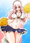  bad_anatomy bad_id bad_pixiv_id blush breasts cheerleader cleavage daichihiroshi headphones large_breasts long_hair looking_at_viewer midriff navel nitroplus open_mouth pink_eyes pink_hair pom_poms smile solo super_sonico 