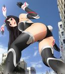  1girl absurdres animal_ears ass bare_shoulders black_hair blue_eyes blush breasts building bunny_ears city cloud clouds elbow_gloves from_below giant giantess gloves highres large_breasts legs long_hair looking_at_viewer open_mouth sky solo standing thighs yadokari_genpachirou 