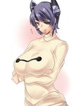  alternate_costume bad_id bad_pixiv_id baymax baymax_(cosplay) big_hero_6 breast_hold breasts cosplay crossed_arms hair_between_eyes highres kantai_collection large_breasts looking_at_viewer parted_lips purple_hair short_hair solo sweater telescopic tenryuu_(kantai_collection) turtleneck white_sweater yellow_eyes 