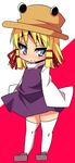  banned_artist blonde_hair blue_eyes blush chibi full_body hair_ribbon hat loafers long_sleeves moriya_suwako pink_background purple_skirt red_ribbon ribbon shoes short_hair skirt skirt_set smile solo thighhighs touhou white_background white_legwear yuib3_(yuibitch) zettai_ryouiki 