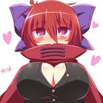  bad_id bad_pixiv_id banned_artist blush bow breasts cape cleavage hair_bow heart heart-shaped_pupils hidden_mouth kisaragi_zwei large_breasts red_eyes red_hair sekibanki solo symbol-shaped_pupils touhou 