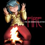  :3 =_= album_cover black_background blue_hair blush cover electric_guitar english fire fire:_the_jimi_hendrix_collection guitar headband instrument jewelry jimi_hendrix kneeling mahou_shoujo_madoka_magica miki_sayaka open_mouth parody ring shingyouji_tatsuya short_hair solo 