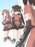  brown_eyes brown_hair double_bun gloves jintsuu_(kantai_collection) kantai_collection koruri long_hair multiple_girls naka_(kantai_collection) sendai_(kantai_collection) short_hair skirt skirt_tug uniform 