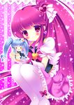  :d aino_megumi bad_id bad_pixiv_id blue_hair bow chibi cure_lovely cure_princess hair_ornament happinesscharge_precure! highres kouta. long_hair looking_at_viewer magical_girl minigirl multiple_girls open_mouth pink_bow ponytail precure purple_eyes purple_hair shirayuki_hime sitting size_difference smile twintails very_long_hair wide_ponytail 