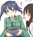  2girls :t =_= akagi_(kantai_collection) blue_eyes blue_hair blush_stickers bowl brown_hair eating food hair_ribbon japanese_clothes kantai_collection kimono looking_at_another maruki_(punchiki) multiple_girls noodles ribbon shared_food simple_background sketch soba souryuu_(kantai_collection) spoken_exclamation_mark twintails twitter_username white_background white_ribbon 