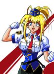  1girl 90s bangs belt between_breasts blonde_hair blue_eyes breasts burn-up fist gloves kinezono_rio large_breasts long_hair looking_at_viewer miniskirt necktie necktie_between_breasts oldschool open_mouth pencil_skirt police_girl police_uniform policewoman ponytail puffy_sleeves short_sleeves side_slit simple_background skirt solo vest white_gloves 