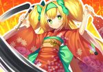  &gt;:) blazblue blonde_hair c: calligraphy_brush green_eyes gurasion_(gurasion) hairband hanetsuki heart heart-shaped_pupils holding japanese_clothes kimono looking_at_viewer paintbrush platinum_the_trinity smile solo symbol-shaped_pupils two_side_up v-shaped_eyebrows 