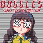  :&lt; @_@ akemi_homura album_cover braid cover english face glasses hairband long_hair looking_at_viewer mahou_shoujo_madoka_magica microphone necktie open_mouth parody red-framed_eyewear shingyouji_tatsuya solo spiral the_buggles triangle_mouth twin_braids upper_body video_killed_the_radio_star 