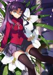  black_hair black_legwear blue_eyes bow breasts fate/stay_night fate_(series) flower highres lips long_hair long_sleeves medium_breasts realmbw skirt solo thighhighs toosaka_rin zettai_ryouiki 