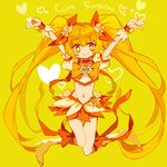  blonde_hair boots bow choker cure_sunshine hair_ribbon heart heart-shaped_pupils heartcatch_precure! highres knee_boots long_hair magical_girl midriff myoudouin_itsuki navel orange_bow orange_choker orange_skirt precure ribbon skirt smile solo symbol-shaped_pupils text_focus twintails very_long_hair wrist_cuffs yellow_background yellow_bow yellow_eyes yuucho_(cololal) 