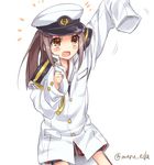  admiral_(kantai_collection) admiral_(kantai_collection)_(cosplay) arm_up blush borrowed_garments brown_eyes brown_hair cosplay hat kantai_collection long_hair maruki_(punchiki) military military_uniform naval_uniform open_mouth oversized_clothes simple_background smile solo uniform white_background zuihou_(kantai_collection) 
