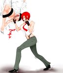  1boy 1girl aho_manten blood breasts castration cbt censored crotch_kick femdom fingerless_gloves gloves large_breasts midriff navel pants parted_lips penis profile red_hair short_hair simple_background standing suspension tamakeri testicles toned torture white_background 