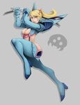  adapted_costume bad_deviantart_id bad_id blonde_hair blue_eyes blue_footwear boots breasts cleavage cleavage_cutout crossover dagger dual_wielding fusion grey_background hair_ornament hairclip high_heel_boots high_heels holding junketsu kamui_(kill_la_kill) katana kill_la_kill large_breasts lips long_hair making_of metroid metroid_(creature) ponytail reverse_grip samus_aran shiny shiny_clothes short_sword suspenders sword thigh_boots thighhighs wakizashi weapon whistle_frog zero_suit 