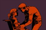  1boy 1girl barbara_gordon batman_(series) brother_and_sister collared_shirt dc_comics glasses james_gordon_jr leaning monochrome oracle ponytail shadowed shirt siblings simple_background wheelchair 