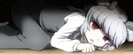  animal_ears dress grey grey_dress grey_hair hiding long_sleeves looking_at_viewer lying mouse_ears mouse_tail nazrin on_side open_mouth red_eyes shirosato shirt solo tail touhou uneven_eyes 