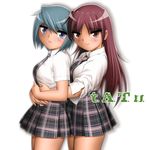  album_cover blue_hair blush brown_eyes collared_shirt cover hug hug_from_behind implied_yuri light_smile long_hair looking_at_viewer mahou_shoujo_madoka_magica miki_sayaka multiple_girls necktie parody plaid plaid_neckwear plaid_skirt pleated_skirt purple_eyes sakura_kyouko school_uniform shingyouji_tatsuya shirt short_hair short_sleeves skirt smile tatu white_background white_shirt 