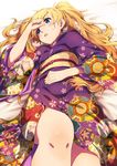  bad_id bad_pixiv_id blonde_hair blue_eyes blush emily_stewart highres idolmaster idolmaster_million_live! japanese_clothes kimono knees long_hair looking_away lying narumi_arata on_back parted_lips solo teeth twintails very_long_hair 