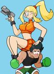  1girl blush boxing_gloves crop_top height_difference little_mac metroid midriff one_eye_closed orange_shirt ponytail punch-out!! samus_aran shenanimation shirt shorts size_difference super_smash_bros. zero_suit 