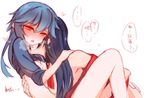  2015 2girls :o artist_name bad_id bad_pixiv_id blue_hair blush breasts breath dated dramatical_murder genderswap genderswap_(mtf) hair_ornament hand_on_another's_shoulder heart highres ibex koujaku long_hair medium_breasts multiple_girls no_nose open_mouth orange_eyes partially_undressed red_eyes seragaki_aoba signature tears translation_request undressing yuri 