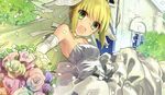  1girl absurdres ahoge blonde_hair blush breasts choker cleavage dress fate/extra fate/extra_ccc fate/stay_night fate_(series) flower gloves green_eyes happy highres saber_extra short_hair wada_aruko wada_rco wedding wedding_dress 