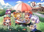  absurdres apron bat_wings blonde_hair blue_eyes blue_sky book_stack braid cake chair clock closed_eyes cloud cup day eating flandre_scarlet flying food fork head_wings highres hong_meiling izayoi_sakuya knife koakuma long_hair maid_apron maid_headdress mountain multiple_girls open_mouth patchouli_knowledge plate purple_eyes purple_hair red_eyes red_hair remilia_scarlet shears short_hair sitting sky slice_of_cake smile table tama_yu teacup tears touhou twin_braids umbrella watering_can wings 