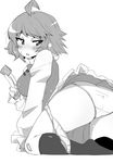  ahoge ass bandaid banned_artist blush breasts condom condom_wrapper covered_nipples dress greyscale holding holding_condom large_breasts long_sleeves monochrome open_mouth panties short_hair simple_background solo sweat tatara_kogasa touhou underwear white_background yuib3_(yuibitch) 
