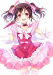  :d \m/ black_hair blush bow choker dress earrings gloves hair_bow idol jewelry looking_at_viewer love_live! love_live!_school_idol_project microphone open_mouth pink_dress pink_eyes red_dress sakura_hiyori short_hair simple_background smile solo striped striped_legwear thighhighs twintails vertical-striped_legwear vertical_stripes white_background white_gloves wings yazawa_nico 