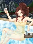  1girl alcohol bath blush breasts brown_hair cana_alberona fairy_tail female large_breasts long_hair smile solo 