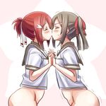  blush bottomless brown_hair closed_eyes hair_ornament hair_ribbon hairclip holding_hands kiss kiyobeii miyoshi_karin multiple_girls ponytail red_hair ribbon sanshuu_middle_school_uniform school_uniform short_hair twintails yuri yuuki_yuuna yuuki_yuuna_wa_yuusha_de_aru yuusha_de_aru 