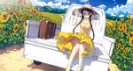  absurdres bare_legs bare_shoulders black_hair blue_eyes braid breasts cloud day detached_collar dress dutch_angle field flower flower_field ground_vehicle hair_ornament hair_over_shoulder hairclip hand_on_headwear hat highres kantoku light_smile looking_at_viewer medium_breasts miyaguchi_hiromi motor_vehicle no_socks original parted_lips scan shaded_face sitting sky solo straw_hat suitcase sun_hat sunflower truck twin_braids yellow_dress 