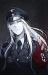  armband black_neckwear blonde_hair blood blue_eyes hat hetza_(hellshock) long_hair looking_at_viewer military military_uniform nazi necktie original parted_lips peaked_cap reichsadler sneer solo spot_color swastika totenkopf uniform 