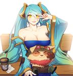  bad_id bad_pixiv_id bench blue_dress blue_eyes blue_hair breasts closed_eyes collarbone detached_sleeves dress hair_over_one_eye hsn4444 large_breasts league_of_legends lips long_hair looking_at_viewer mouse off_shoulder sitting sitting_on_lap sitting_on_person smile sona_buvelle teemo twintails v v_over_eye very_long_hair wide_sleeves yellow_eyes 