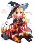  alternate_costume blonde_hair candy cape dated flandre_scarlet food halloween halloween_costume happy_halloween hat lollipop red_eyes sen1986 shirt short_hair side_ponytail sketch skirt solo star striped striped_legwear t-shirt thighhighs touhou wings witch_hat 