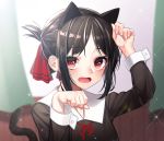  1girl animal_ears arm_up bangs black_dress black_hair black_hairband blurry blurry_background blush cat_ears cat_girl cat_tail collared_shirt commentary curtains depth_of_field dress eyebrows_visible_through_hair fake_animal_ears fingernails folded_ponytail hair_ribbon hairband highres indoors kaguya-sama_wa_kokurasetai_~tensai-tachi_no_renai_zunousen~ kemonomimi_mode long_sleeves looking_at_viewer neck_ribbon open_mouth parted_bangs paw_pose red_eyes red_ribbon ribbon romaji_commentary shinomiya_kaguya shirt sidelocks solo tail tail_raised the_cold upper_body 