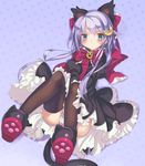  bad_id bad_pixiv_id black_legwear blue_eyes chikuwa_daimyojin crescent crescent_hair_ornament hair_ornament kantai_collection panties paw_print polka_dot polka_dot_background polka_dot_panties purple_hair short_hair_with_long_locks solo thighhighs underwear white_panties yayoi_(kantai_collection) 